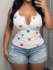Slaydiva Plus Size Women Heart & Graphic Print Button-Up Sleeveless Top - White - View 4