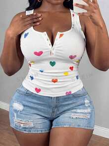 Slaydiva Plus Size Women Heart & Graphic Print Button-Up Sleeveless Top - White - View 9