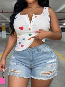 Slaydiva Plus Size Women Heart & Graphic Print Button-Up Sleeveless Top - White - View 7