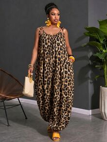 Slaydiva Plus Size Women Leopard Print Pocketed Wide Leg Jumpsuit - Brown - View 8