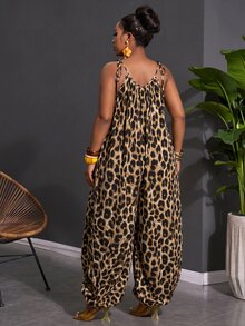 Slaydiva Plus Size Women Leopard Print Pocketed Wide Leg Jumpsuit - Brown - View 2