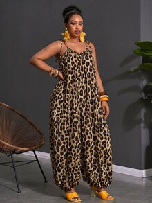 Slaydiva Plus Size Women Leopard Print Pocketed Wide Leg Jumpsuit - Brown - View 7