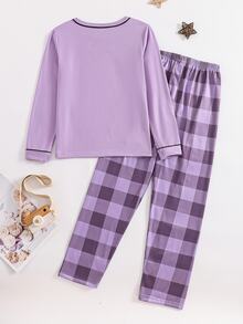 Girls' Simple Plaid Long Pants & English Letter Print Long Sleeve Casual 2 Pieces Loungewear Set - Purple - View 2