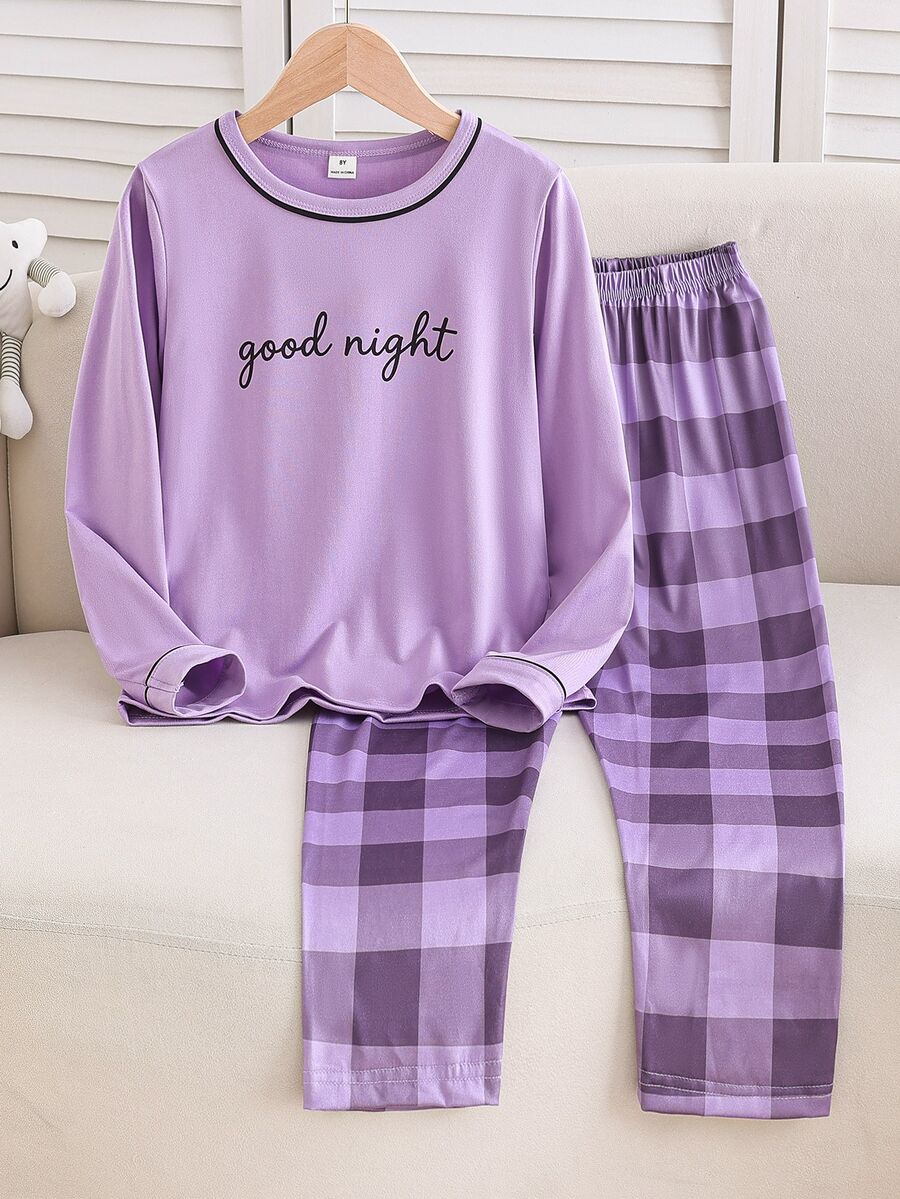 Girls' Simple Plaid Long Pants & English Letter Print Long Sleeve Casual 2 Pieces Loungewear Set - Purple - View 1