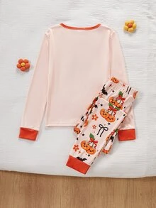 女童長袖修身居家服套裝，粉色南瓜蝴蝶結印花上衣 + 全身南瓜蝴蝶結格紋長褲 2 件套，休閒舒適修身大童睡衣，可愛蝴蝶結南瓜女童居家服，柔軟舒適面料，送給女孩子的完美禮物 - 粉色 - 查看 2