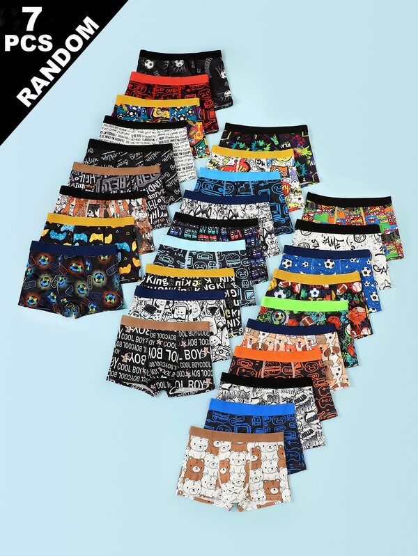 Random 7pcs/Pack Boys Comfortable Printed Sports Skateboard Square Leg Underwear Fashion Cartoon Print Underwear