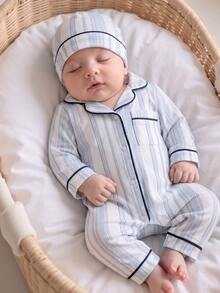 SHEIN Vintaside Kids Piyama Romper Bayi Baru Lahir, Motif Kartun Dinosaurus dengan Lis Pinggiran, Kain Lembut dan Nyaman - Blue and White - View 10