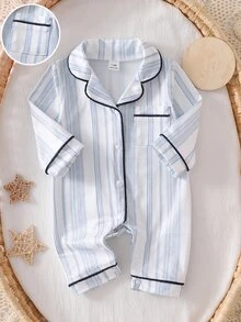 SHEIN Vintaside Kids Piyama Romper Bayi Baru Lahir, Motif Kartun Dinosaurus dengan Lis Pinggiran, Kain Lembut dan Nyaman - Blue and White - View 3