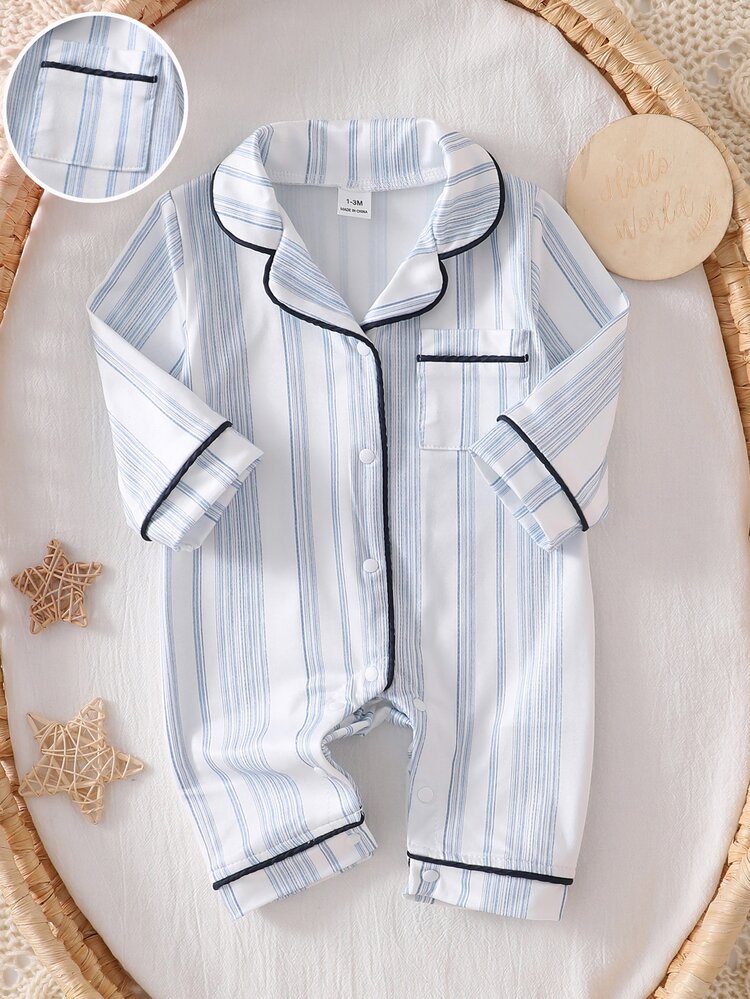 SHEIN Vintaside Kids Newborn Home Romper Pajamas, Cartoon Dinosaur Print Pattern With Piped Trim, Soft And Comfortable Fabric - Blue and White - View 3