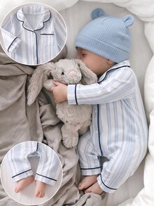 SHEIN Vintaside Kids Piyama Romper Bayi Baru Lahir, Motif Kartun Dinosaurus dengan Lis Pinggiran, Kain Lembut dan Nyaman - Blue and White - View 6