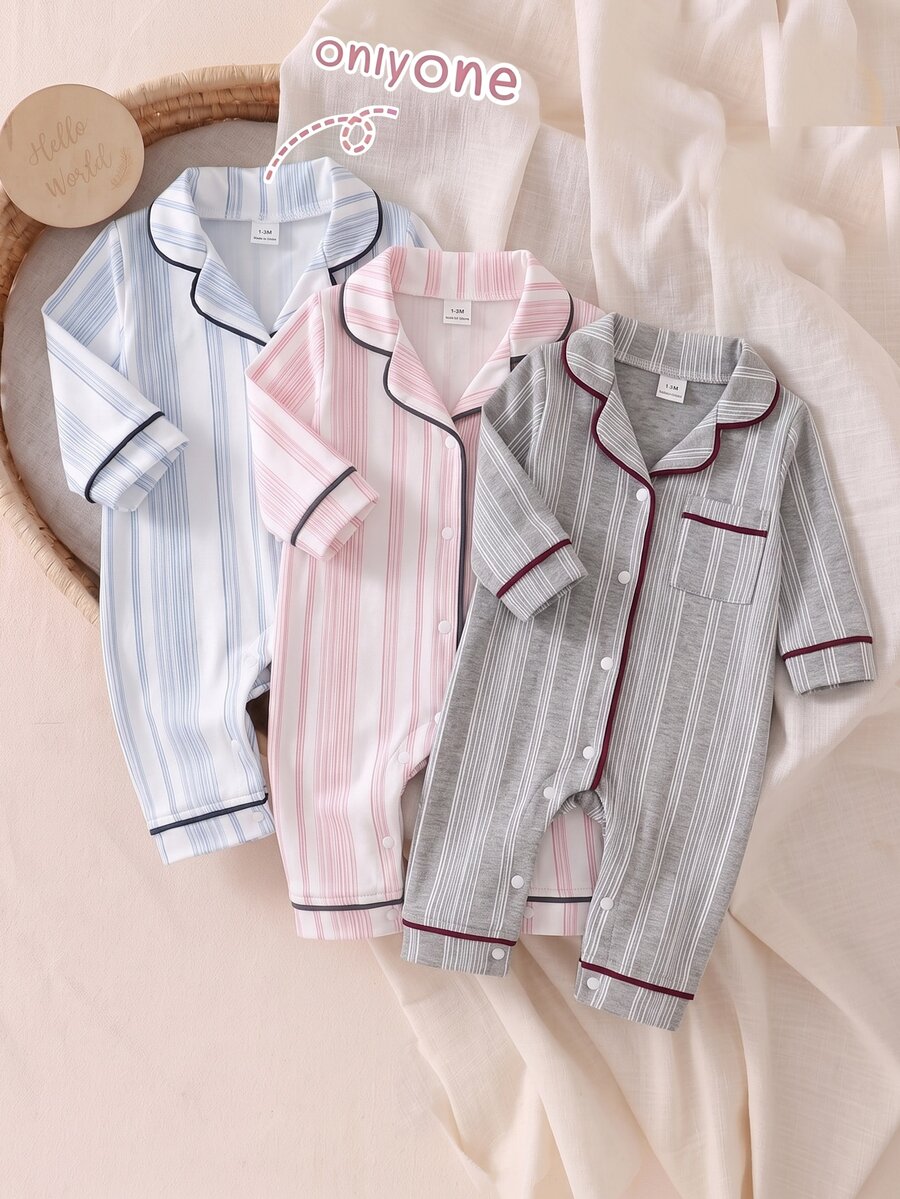 SHEIN Vintaside Kids Piyama Romper Bayi Baru Lahir, Motif Kartun Dinosaurus dengan Lis Pinggiran, Kain Lembut dan Nyaman - Blue and White - View 1