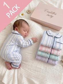 SHEIN Vintaside Kids Piyama Romper Bayi Baru Lahir, Motif Kartun Dinosaurus dengan Lis Pinggiran, Kain Lembut dan Nyaman - Blue and White - View 11