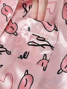 女童粉色可愛眼罩愛心字母印花翻領前扣長袖上衣與休閒長褲舒適兩件式居家服套裝 - 藕粉色 - 查看 8