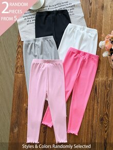 SHEIN 5件組隨機發貨 2件式女孩棕色甜美可愛百搭柔軟舒適羅紋針織內搭褲 多件套裝 春夏四季適用 - 彩色 - 查看 3