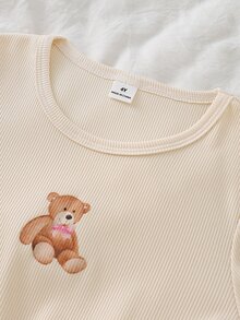 SHEIN 女童杏色羅紋熊圖案長袖上衣與休閒熊圖案長褲居家套裝，適合節慶穿搭，秋冬款 - 卡其色 - 查看 5