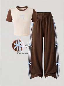 SHEIN 青少年女孩休閒時尚運動街頭戶外圓領短袖蝴蝶結圖案印花鬆緊腰長褲返校開學套裝 春夏季 - 棕色 - 查看 3