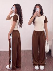 SHEIN 青少年女孩休閒時尚運動街頭戶外圓領短袖蝴蝶結圖案印花鬆緊腰長褲返校開學套裝 春夏季 - 棕色 - 查看 1