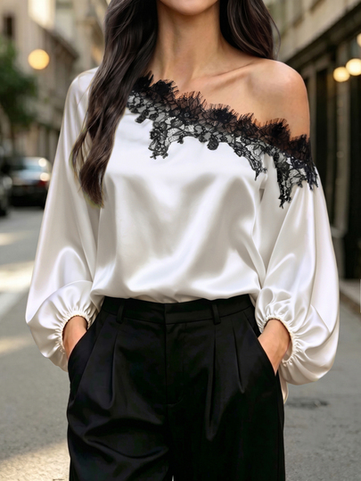 Elafinee Autumn New Solid Color Lace Floral Off-Shoulder Long Sleeve Casual Asymmetric Top, Contrast Lace Patchwork Blouse, Satin Fabric Lace Top, Sexy Off-Shoulder, Suitable For Daily Casual, Light Social Occasions, Daily Commute, Work, Date, Afternoon Tea, Relaxed And Stylish