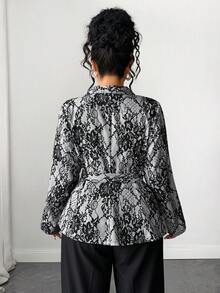 Elenzga Jaket Wanita Ukuran Besar Model A-Line dengan Potongan Acak Elegan, Bahan Dasar Abu-abu, Motif Renda Imitasi, Bahu Reguler, Lengan Panjang, Kerah Lebar, Kancing Ganda, Kancing Mutiara, dan Pita, - Grey - View 2