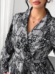 Elenzga Jaket Wanita Ukuran Besar Model A-Line dengan Potongan Acak Elegan, Bahan Dasar Abu-abu, Motif Renda Imitasi, Bahu Reguler, Lengan Panjang, Kerah Lebar, Kancing Ganda, Kancing Mutiara, dan Pita, - Grey - View 7