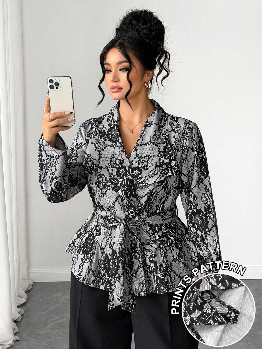Elenzga Jaket Wanita Ukuran Besar Model A-Line dengan Potongan Acak Elegan, Bahan Dasar Abu-abu, Motif Renda Imitasi, Bahu Reguler, Lengan Panjang, Kerah Lebar, Kancing Ganda, Kancing Mutiara, dan Pita, - Grey - View 1