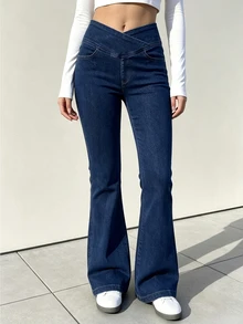 SHEIN Women's Cross-Waist High-Rise Denim Effect Flare Pants, Elastic Slim Fit Butt-Lifting Micro-Flare Long Pants - Blue - View 5