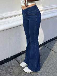 SHEIN Women's Cross-Waist High-Rise Denim Effect Flare Pants, Elastic Slim Fit Butt-Lifting Micro-Flare Long Pants - Blue - View 4