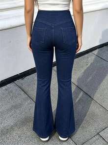 SHEIN Women's Cross-Waist High-Rise Denim Effect Flare Pants, Elastic Slim Fit Butt-Lifting Micro-Flare Long Pants - Blue - View 2