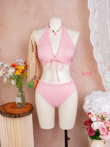 Swim Mod Women's Sexy Halter Ruched Floral Tie Front Textured Plaid Bikini Set, Spring/Summer - Pink - View 5