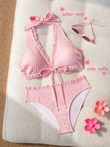Swim Mod Women's Sexy Halter Ruched Floral Tie Front Textured Plaid Bikini Set, Spring/Summer - Pink - View 3