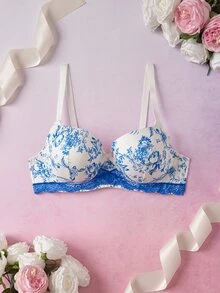 Elorette Bra Tanpa Kawat Motif Bunga Berenda Ukuran Besar - Blue and White - View 8