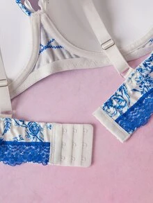 Elorette Bra Tanpa Kawat Motif Bunga Berenda Ukuran Besar - Blue and White - View 10