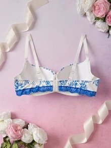 Elorette Bra Tanpa Kawat Motif Bunga Berenda Ukuran Besar - Blue and White - View 7