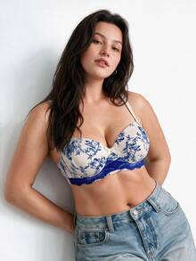 Elorette Bra Tanpa Kawat Motif Bunga Berenda Ukuran Besar - Blue and White - View 1