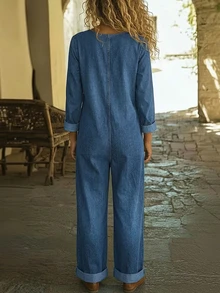 LUMIGAL Jumpsuit Kasual Wanita Motif Denim, Warna Biru Musim Gugur, Cocok untuk Liburan. - Biru - View 2