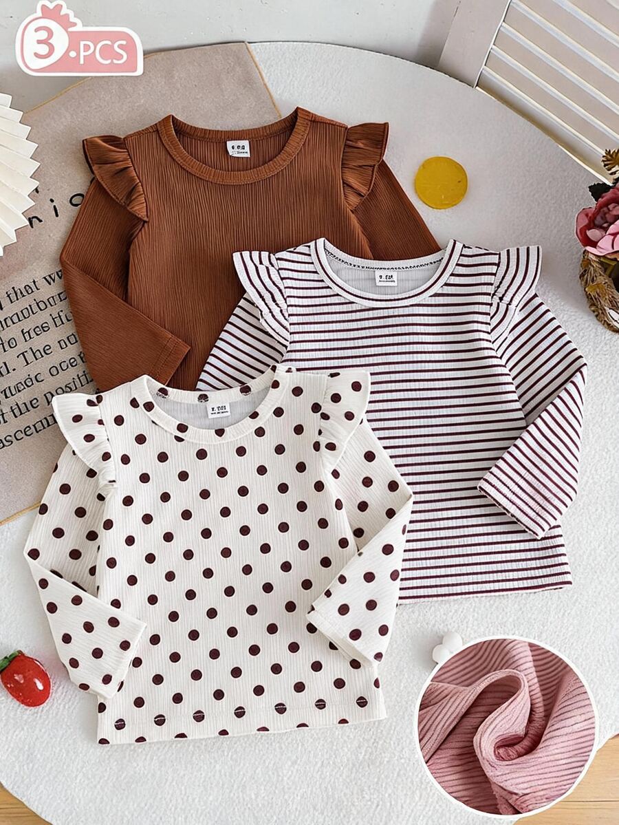 SHEIN 3pcs/Set Girls Pink & White Striped Autumn Cute Graduation Back To School Soft Elastic Solid Color Ruffle Trim Long Sleeve Tops, Casual Style Soft Ribbed Long Sleeve Base Layer, 3 Gentle Color Options: Polka Dot, Striped, Solid Color. Flutter Sleeve Ruffle Design Playful And Cute, Suitable For Layering Or Wearing Alone, Versatile And Timeless For Daily Wear - Multicolor - View 1