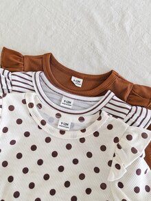SHEIN 3pcs/Set Girls Pink & White Striped Autumn Cute Graduation Back To School Soft Elastic Solid Color Ruffle Trim Long Sleeve Tops, Casual Style Soft Ribbed Long Sleeve Base Layer, 3 Gentle Color Options: Polka Dot, Striped, Solid Color. Flutter Sleeve Ruffle Design Playful And Cute, Suitable For Layering Or Wearing Alone, Versatile And Timeless For Daily Wear - Multicolor - View 6