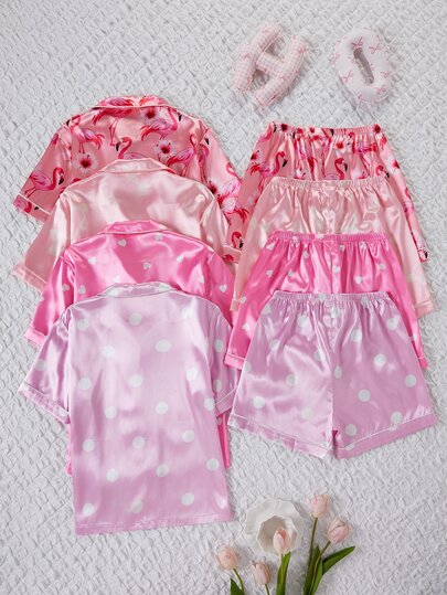 SHEIN Girls Pajamas Blind Box, Includes Pink Heart, Pink Bow, Flamingo, Purple Polka Dot, 4 Sets Randomly Sent 1 Set, Comfortable Cardigan Short Sleeve Shorts Loungewear Set, 1 Random Set Out Of 4 Pajama Sets