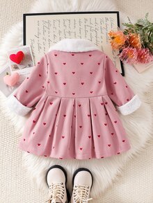 SHEIN Vintaside Kids 女嬰毛領3D蝴蝶結風衣外套，秋冬粉色愛心印花3D蝴蝶結毛裏領可愛風衣，女童冬季保暖外套 - 粉色 - 查看 2