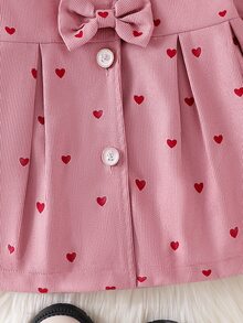 SHEIN Vintaside Kids 女嬰毛領3D蝴蝶結風衣外套，秋冬粉色愛心印花3D蝴蝶結毛裏領可愛風衣，女童冬季保暖外套 - 粉色 - 查看 6