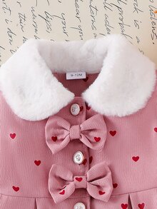 SHEIN Vintaside Kids 女嬰毛領3D蝴蝶結風衣外套，秋冬粉色愛心印花3D蝴蝶結毛裏領可愛風衣，女童冬季保暖外套 - 粉色 - 查看 7