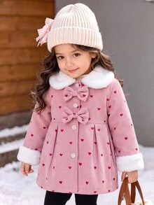 SHEIN Vintaside Kids 女嬰毛領3D蝴蝶結風衣外套，秋冬粉色愛心印花3D蝴蝶結毛裏領可愛風衣，女童冬季保暖外套 - 粉色 - 查看 9