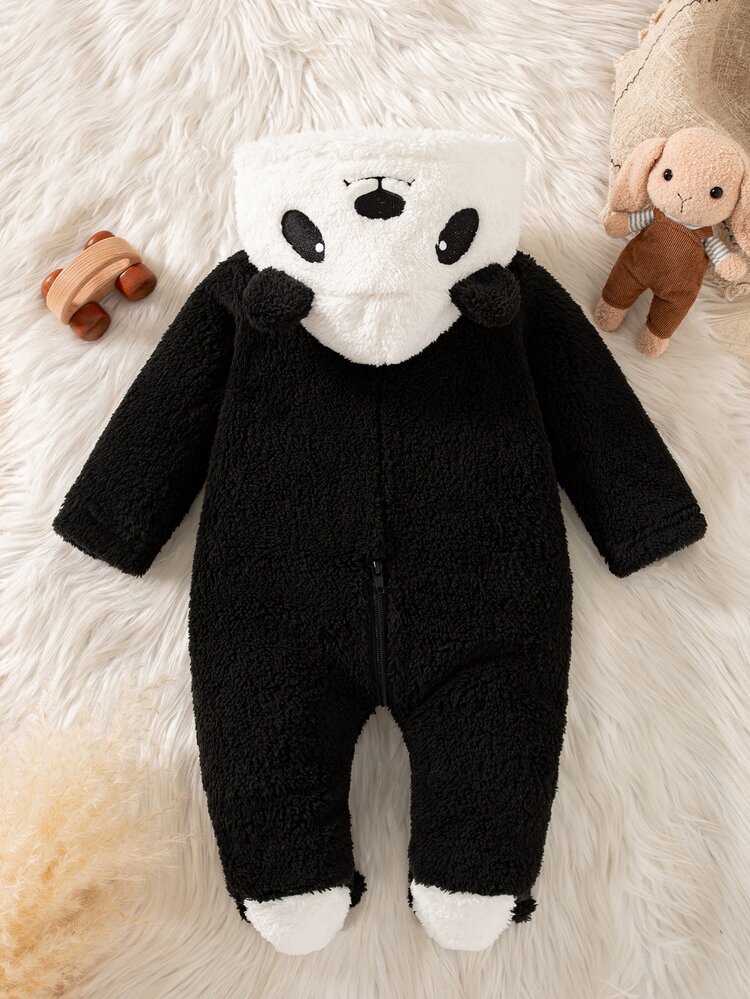 SHEIN Newborn Baby Hooded Romper Cute Black & White Panda Embroidered Pattern Comfortable Skin-Friendly Baby Crawler - Black and White - View 2