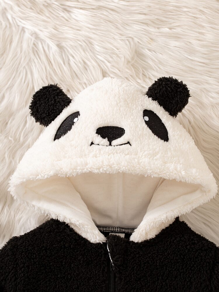 SHEIN Newborn Baby Hooded Romper Cute Black & White Panda Embroidered Pattern Comfortable Skin-Friendly Baby Crawler - Black and White - View 6