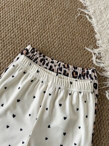 SHEIN Heart/Leopard Print Knit Ruffle Girls 4-Piece Set, Baby Girl Leopard & Mini Heart Print Outfit, Flutter Sleeve Long Sleeve Top + Straight Leg Pants, Ruffle Baby Girl Set - Multicolor - View 7