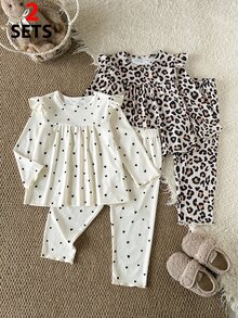 SHEIN Heart/Leopard Print Knit Ruffle Girls 4-Piece Set, Baby Girl Leopard & Mini Heart Print Outfit, Flutter Sleeve Long Sleeve Top + Straight Leg Pants, Ruffle Baby Girl Set - Multicolor - View 4