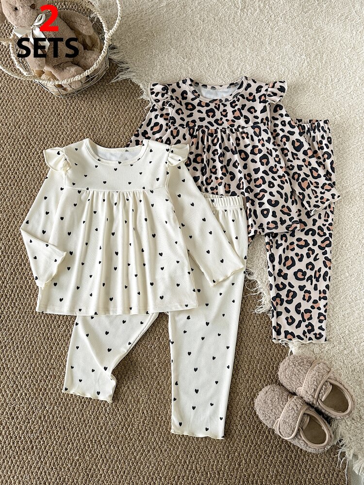 SHEIN Heart/Leopard Print Knit Ruffle Girls 4-Piece Set, Baby Girl Leopard & Mini Heart Print Outfit, Flutter Sleeve Long Sleeve Top + Straight Leg Pants, Ruffle Baby Girl Set - Multicolor - View 3