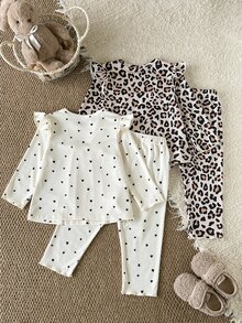 SHEIN Heart/Leopard Print Knit Ruffle Girls 4-Piece Set, Baby Girl Leopard & Mini Heart Print Outfit, Flutter Sleeve Long Sleeve Top + Straight Leg Pants, Ruffle Baby Girl Set - Multicolor - View 3