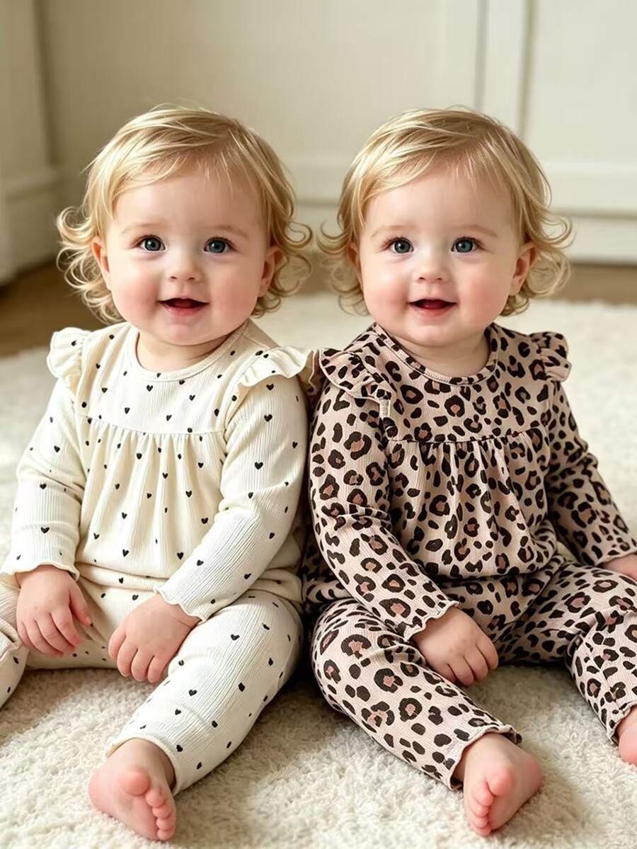 SHEIN Heart/Leopard Print Knit Ruffle Girls 4-Piece Set, Baby Girl Leopard & Mini Heart Print Outfit, Flutter Sleeve Long Sleeve Top + Straight Leg Pants, Ruffle Baby Girl Set