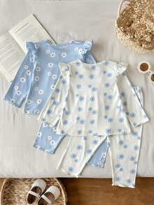 SHEIN Cream & Light Blue Ditsy Daisy Floral Ruffle Set, Baby Girl Viral Cottagecore Outfit, Flutter Sleeve Long Sleeve Top + Straight Leg Pants, Sweet Casual Style For Spring/Autumn, 0-3 Years - Blue - View 2